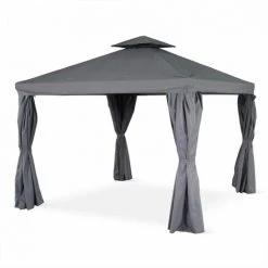 ALICE'S GARDEN Aluminium-Pergola - Divodorum 3x3m - Grauer Stoff - Pavillon Mit Vorhängen, Aluminiumgestell