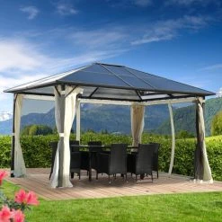 BRAST Alu-Pavillon Premium 3x4m Beige Festes Dach Wasserdicht + Moskitonetz