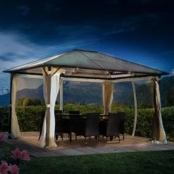 BRAST Alu-Pavillon Premium 3x4m Beige Festes Dach Wasserdicht + Moskitonetz + LEDs