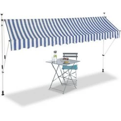 Relaxdays Klemmmarkise, Balkon Sonnenschutz, Einziehbar, Fallarm, Ohne Bohren, Verstellbar, 350 Cm Breit, Blau Gestreift