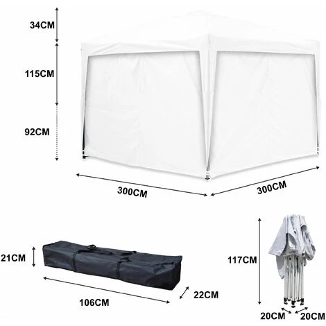 GREADEN Weißes Faltpavillon 3x3m + Seitenteilen, 30mm Stahlrohr, 220g / M² Polyesterplane Mit 100% Wasserdicht PVC-Beschichtung, Faltpavillon + Transporttasche – Bild 4