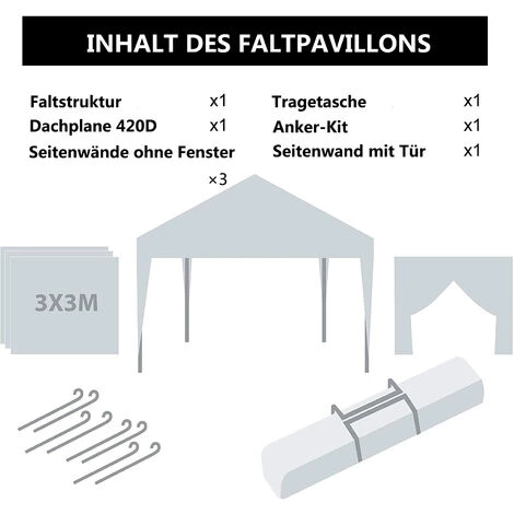 GREADEN Weißes Faltpavillon 3x3m + Seitenteilen, 30mm Stahlrohr, 220g / M² Polyesterplane Mit 100% Wasserdicht PVC-Beschichtung, Faltpavillon + Transporttasche – Bild 5
