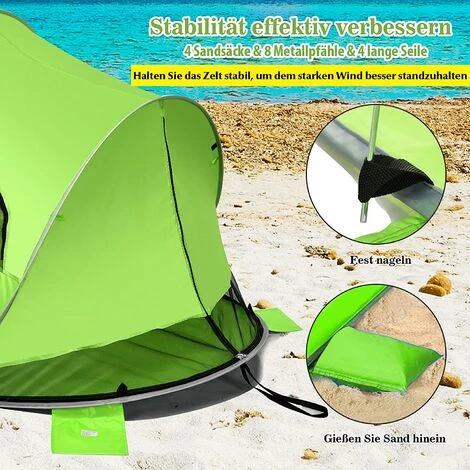 COSTWAY Pop Up Strandmuschel 3-4 Personen Strandzelt Sonnenschutz Wurfzelt Mit Tragetasche & 2 Netz-Fenstern & 4 Sandtaschen Automatisch Für Strand, Garten, Camping Grün – Bild 2