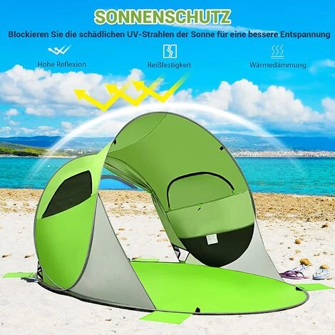 COSTWAY Pop Up Strandmuschel 3-4 Personen Strandzelt Sonnenschutz Wurfzelt Mit Tragetasche & 2 Netz-Fenstern & 4 Sandtaschen Automatisch Für Strand, Garten, Camping Grün – Bild 4