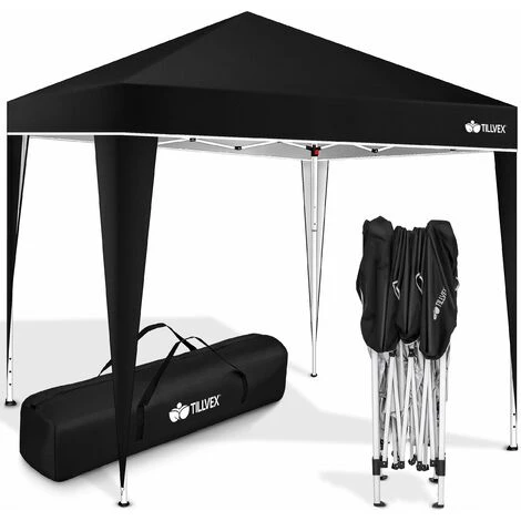 Tillvex Pavillon 3x3m Schwarz Wasserdicht | Pop-Up Faltpavillon Höhenverstellbar | Gartenzelt UV Schutz 50+ | Partyzelt Mit Tasche Für Garten