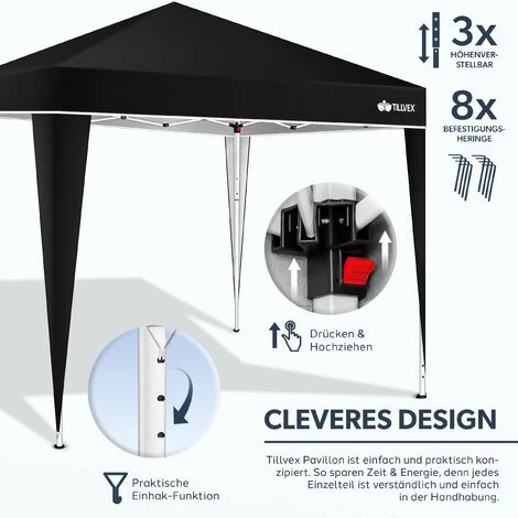 Tillvex Pavillon 3x3m Schwarz Wasserdicht | Pop-Up Faltpavillon Höhenverstellbar | Gartenzelt UV Schutz 50+ | Partyzelt Mit Tasche Für Garten – Bild 2