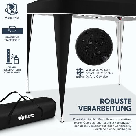 Tillvex Pavillon 3x3m Schwarz Wasserdicht | Pop-Up Faltpavillon Höhenverstellbar | Gartenzelt UV Schutz 50+ | Partyzelt Mit Tasche Für Garten – Bild 3