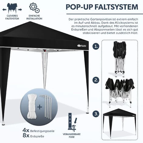 Tillvex Pavillon 3x3m Schwarz Wasserdicht | Pop-Up Faltpavillon Höhenverstellbar | Gartenzelt UV Schutz 50+ | Partyzelt Mit Tasche Für Garten – Bild 4