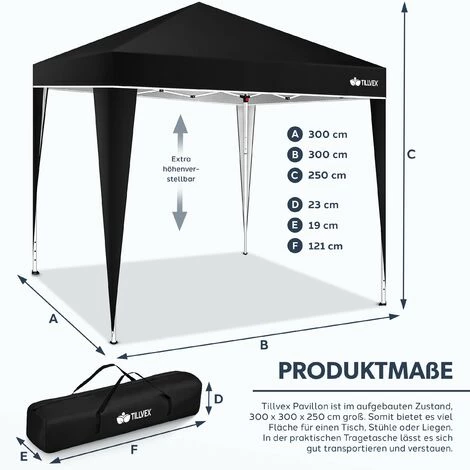 Tillvex Pavillon 3x3m Schwarz Wasserdicht | Pop-Up Faltpavillon Höhenverstellbar | Gartenzelt UV Schutz 50+ | Partyzelt Mit Tasche Für Garten – Bild 5