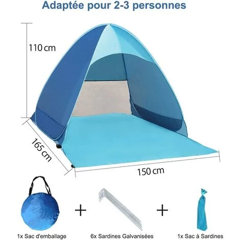 Anti-UV-Zelt, Strandhütte Mit UPF 50+ UV-Sonnenschutz Für 2-3 Personen, Tragbares Pop-Up-Sofort-Strandzelt, Inklusive Tragetasche Und Zeltstangen, Blau – Bild 2