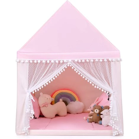 GOPLUS Kinderzelt Mit Waschbarer Matte, Spielzelt Für Maedchen & Jungen, Indoor & Outdoor,Konstruktion Aus Massivholz, Grosser Raum, Geschenk Für Kinder Zum Geburtstag, Weihnachten (Rosa) – Bild 2