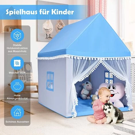 GOPLUS Kinderzelt Mit Waschbarer Matte, Spielzelt Für Maedchen & Jungen, Indoor & Outdoor,Konstruktion Aus Massivholz, Grosser Raum, Geschenk Für Kinder Zum Geburtstag, Weihnachten (Blau) – Bild 2