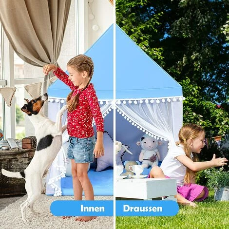 GOPLUS Kinderzelt Mit Waschbarer Matte, Spielzelt Für Maedchen & Jungen, Indoor & Outdoor,Konstruktion Aus Massivholz, Grosser Raum, Geschenk Für Kinder Zum Geburtstag, Weihnachten (Blau) – Bild 3