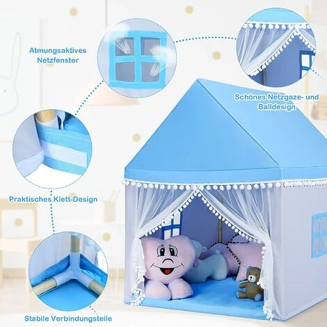 GOPLUS Kinderzelt Mit Waschbarer Matte, Spielzelt Für Maedchen & Jungen, Indoor & Outdoor,Konstruktion Aus Massivholz, Grosser Raum, Geschenk Für Kinder Zum Geburtstag, Weihnachten (Blau) – Bild 5