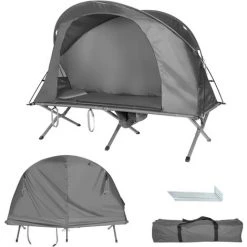 COSTWAY 4 In 1 Campingzelt Set Für 1 Personen, Erhoehtes Campingbett Und Zelt, Faltbares Kuppelzelt, Feldbett Mit Aufblasbare Matratze & Tragetasche & Wasserdichter Abdeckung Grau