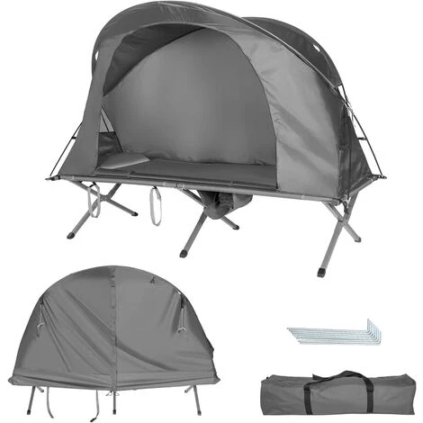 COSTWAY 4 In 1 Campingzelt Set Für 1 Personen, Erhoehtes Campingbett Und Zelt, Faltbares Kuppelzelt, Feldbett Mit Aufblasbare Matratze & Tragetasche & Wasserdichter Abdeckung Grau