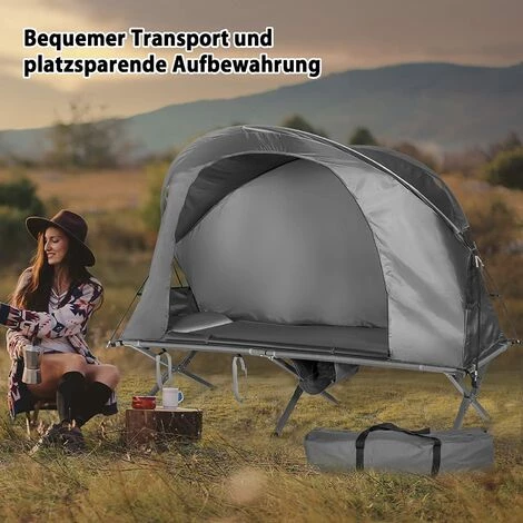 COSTWAY 4 In 1 Campingzelt Set Für 1 Personen, Erhoehtes Campingbett Und Zelt, Faltbares Kuppelzelt, Feldbett Mit Aufblasbare Matratze & Tragetasche & Wasserdichter Abdeckung Grau – Bild 5