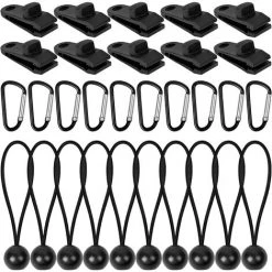 LANGRAY 30 PCS Zeltplanen Clip, Tarp Clips Multifunktion Zeltklemme Set Krokodil Mund Clip Camping Zubehör Zelt Mit Gebundene Seile Und Karabine D-förmigen Für Zelte Abdeckungen Markisen Banner Gartenarbeit