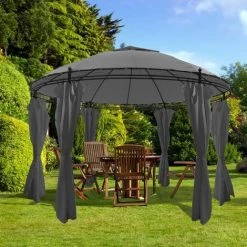 Topdeal Gartenpavillion Mit Vorhängen Rund 3,5x2,7 M Anthrazit VDFF28950_DE